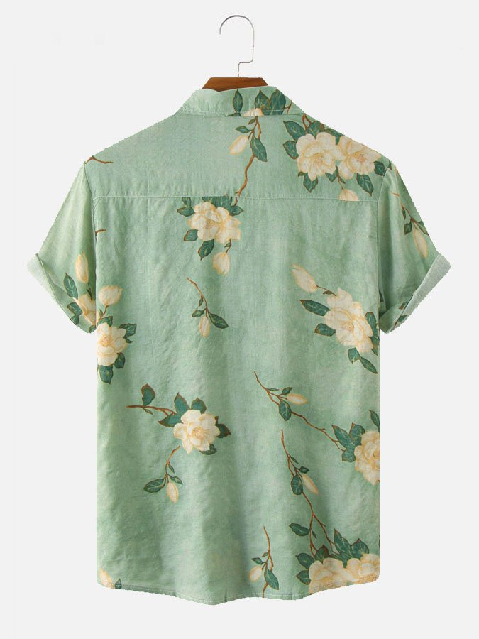 Mens Oil Painting Floral Pattern Printed Cotton Blend Short Sleeve Hawaiian shirt