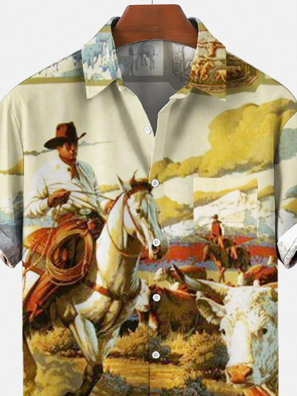 Mens Retro Cowboy Pocket Equestrian Casual Loose Comfortable Shirt Hawaiian Shirt for Men Women