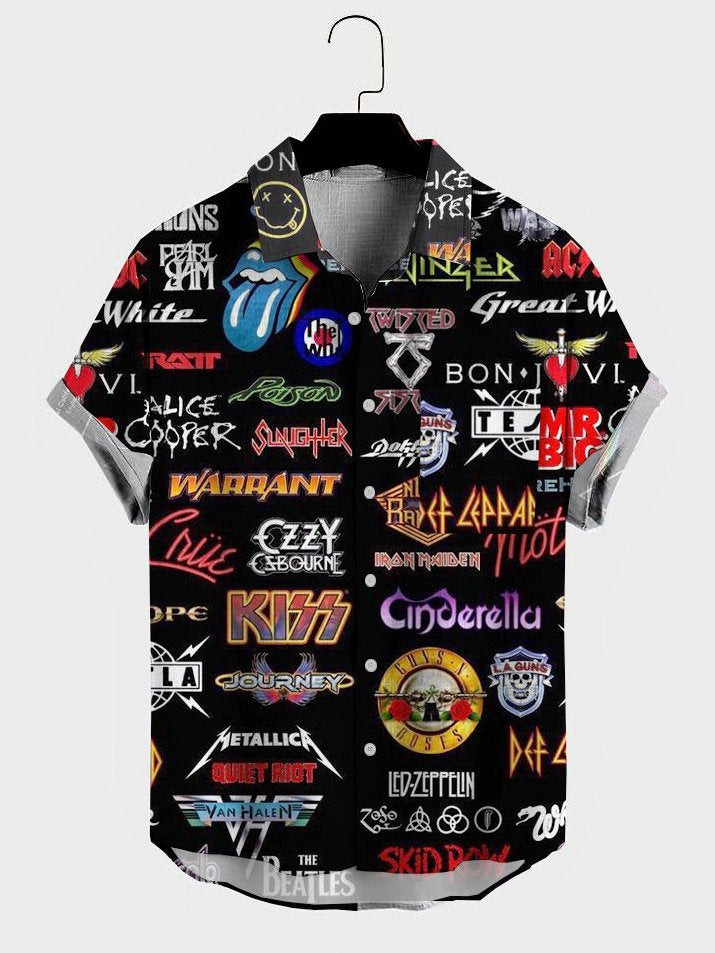 Mens Rock and Roll Punk Print Pocket Lapel Casual Loose Short Sleeve Shirt Hawaiian Shirt for Men Women