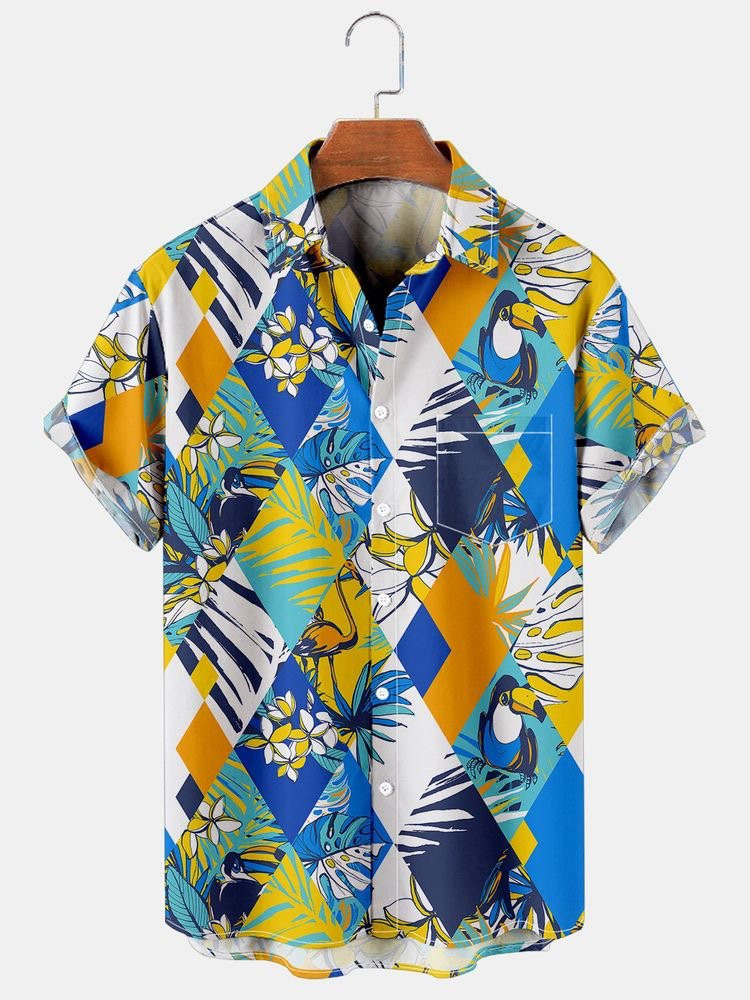 Mens Hawaiian Shirt Blue Holiday Series Parrot Cotton-Blend Shirts  Tops