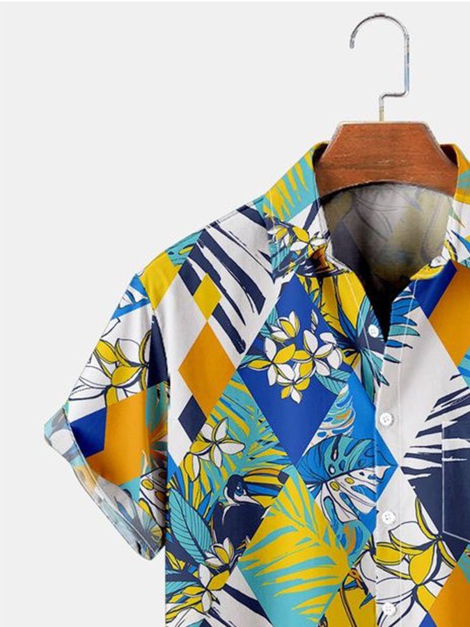 Mens Hawaiian Shirt Blue Holiday Series Parrot Cotton-Blend Shirts  Tops