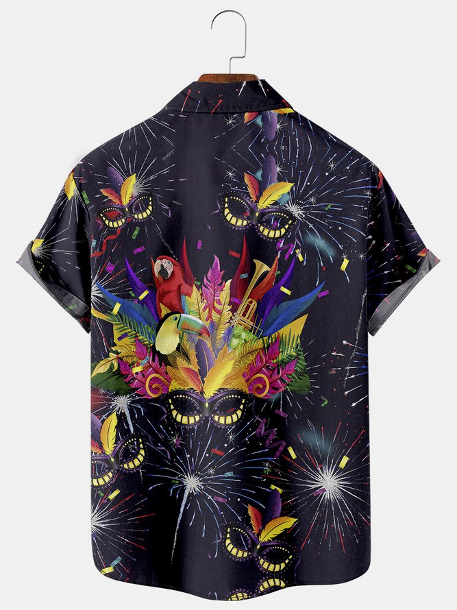 Mens Mardi Gras Carnival Masks Print Black Casual Cotton-Blend Short Sleeve Hawaiian Shirts