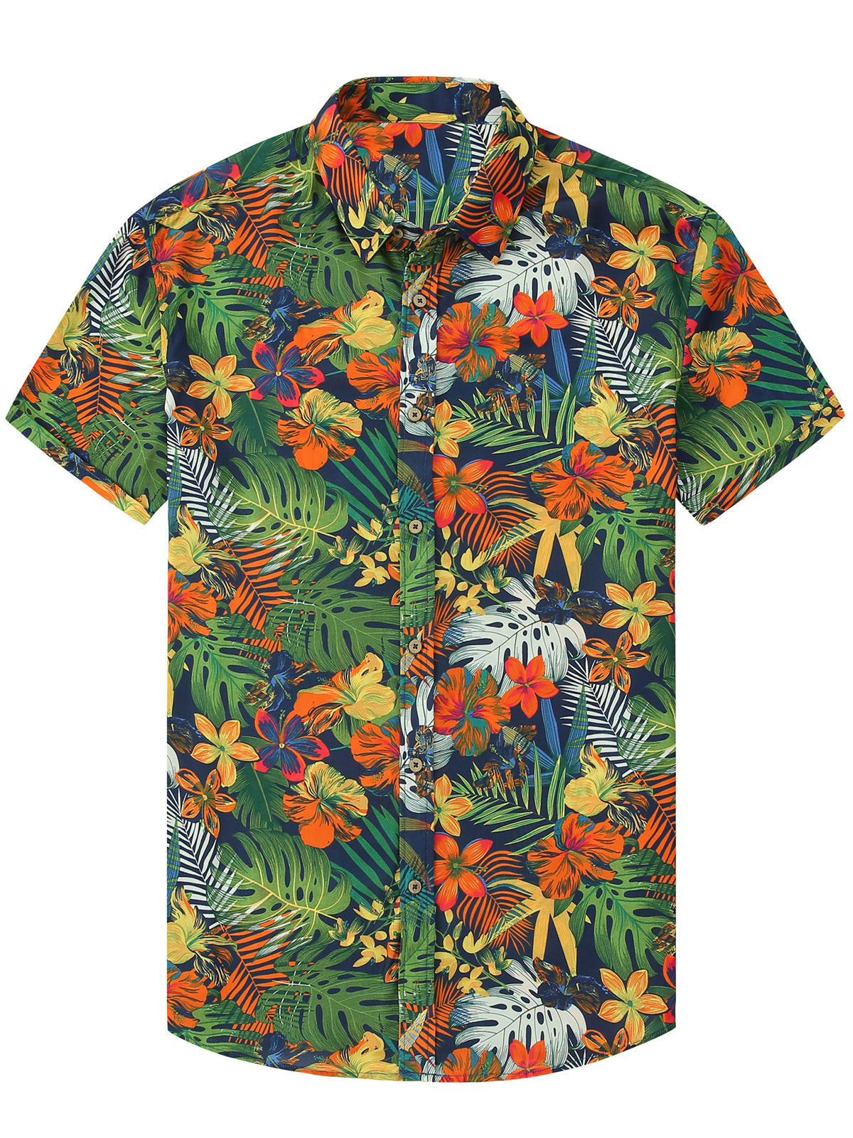 Mens Tropical Summer Floral Leaf Print Green Hawaiian Short Sleeve Shirt