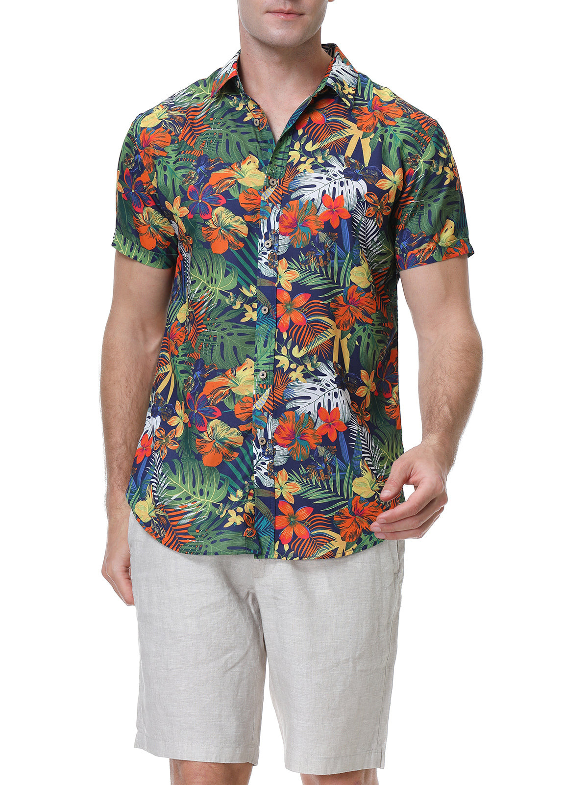 Mens Tropical Summer Floral Leaf Print Green Hawaiian Short Sleeve Shirt