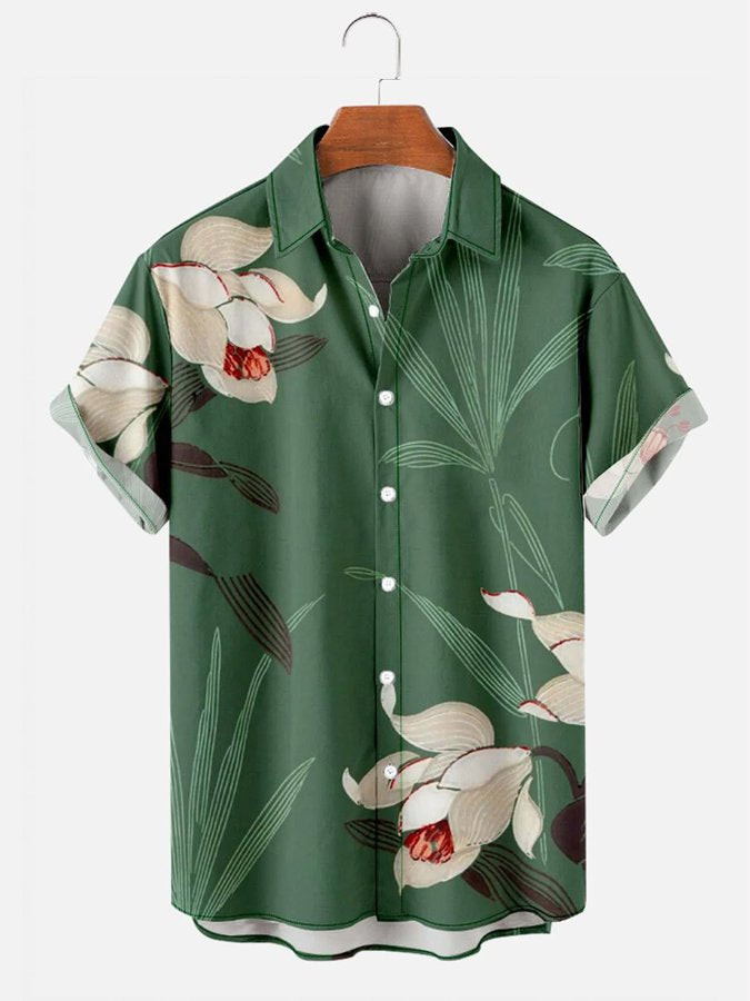 Mens Vintage Hawaiian Shirt Casual Botanical Print Green Cotton Blend Shirt