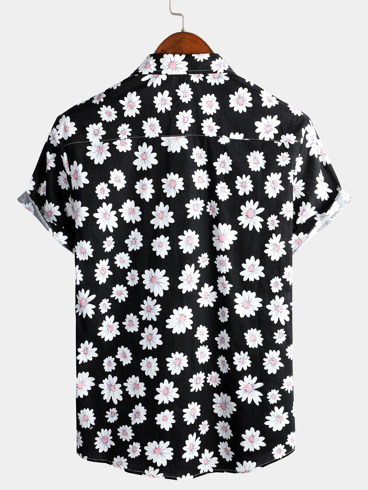 Mens Floral Daisy Print Tropical Hawaii Cotton Black Shirt Hawaiian Shirt for Men Women