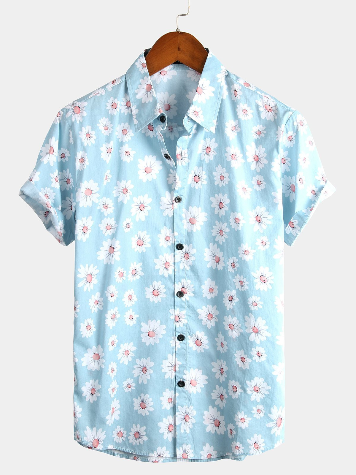 Mens Floral Daisy Print Tropical Hawaiian Cotton Shirt