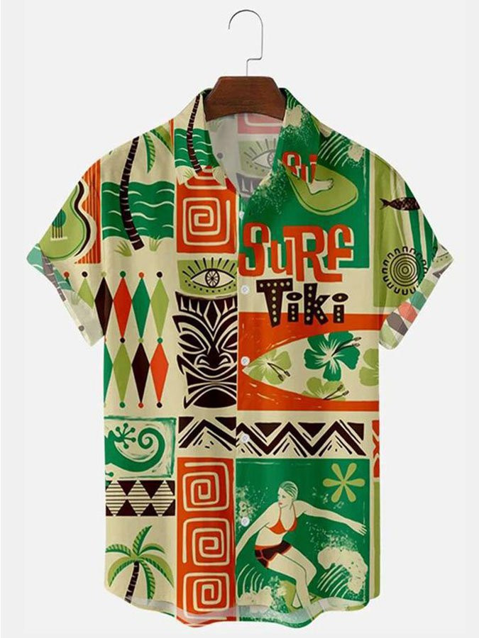 Mens Hawaiian Shirt Casual Short Sleeve TIKI Shirts Green Geometric Beach Shirts