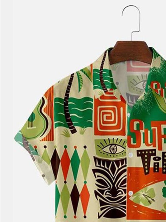 Mens Hawaiian Shirt Casual Short Sleeve TIKI Shirts Green Geometric Beach Shirts