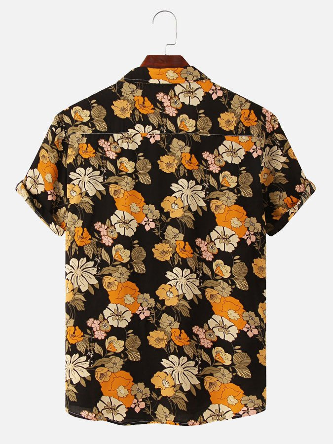 Mens Hawaiian Shirt Contrast Floral Print Cotton Blend Short Sleeve Shirt