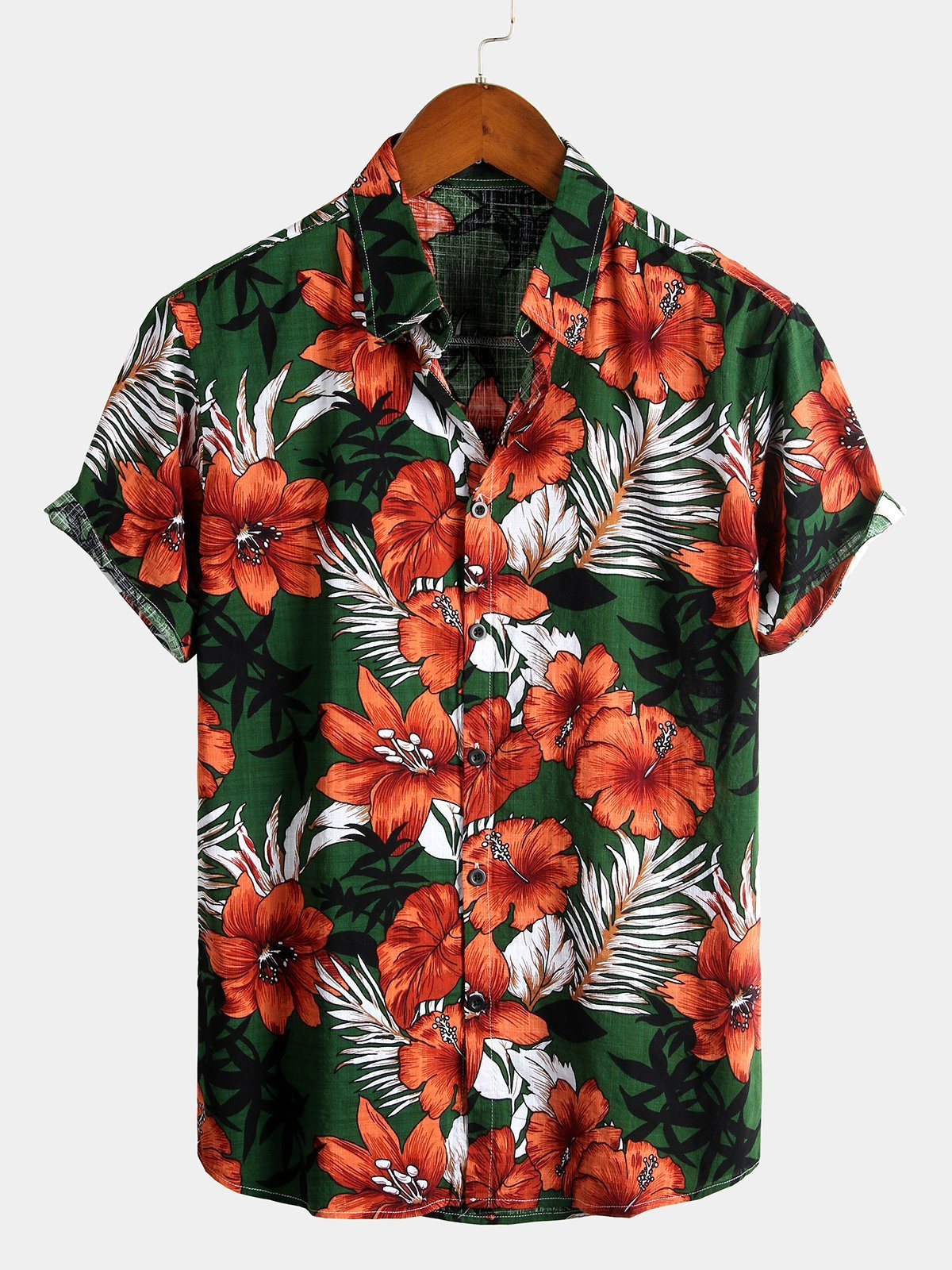 Mens Hawaiian Tropical Plant Floral Print Cotton Short Sleeve Shirts