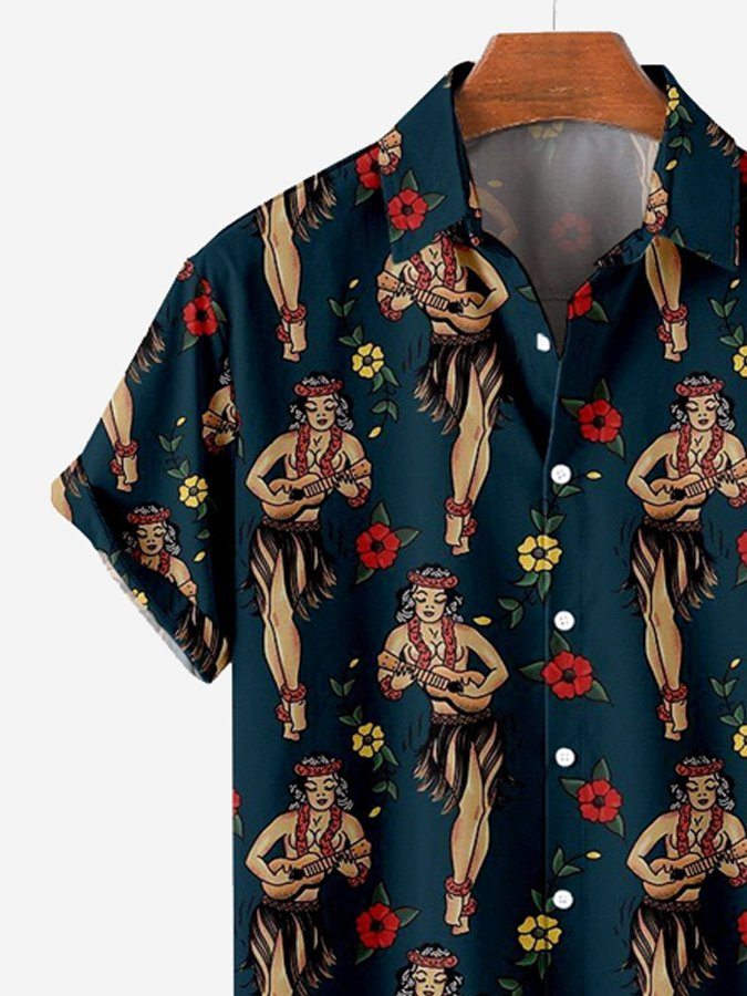 Mens National Hawaiian Shirt Hula Print Cotton Blend Shirt