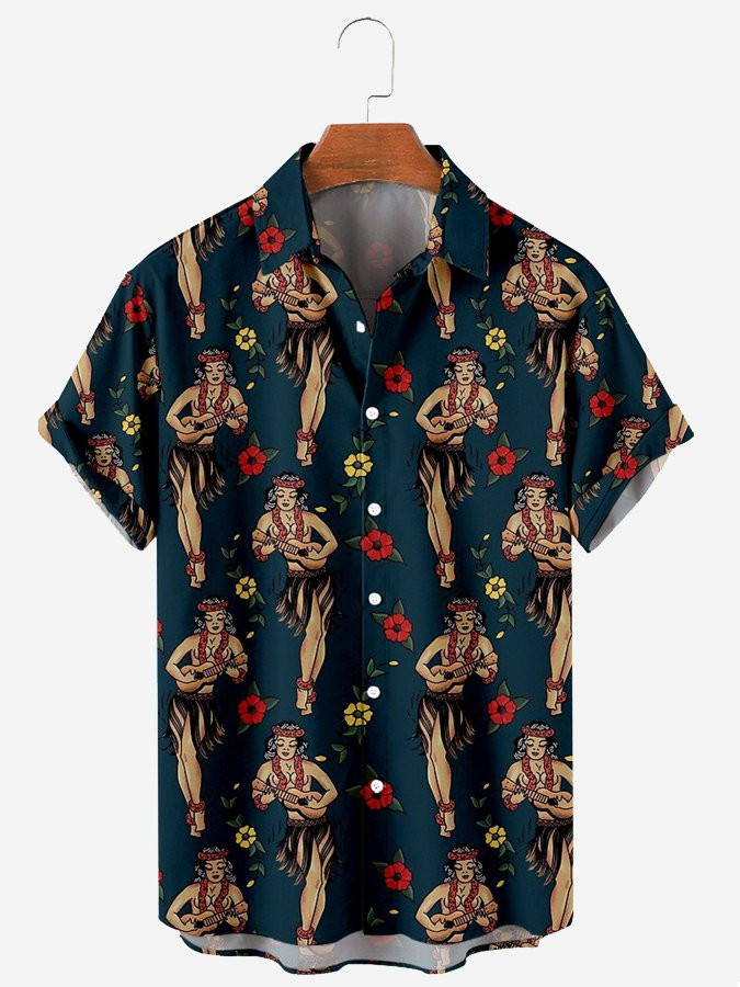 Mens National Hawaiian Shirt Hula Print Cotton Blend Shirt