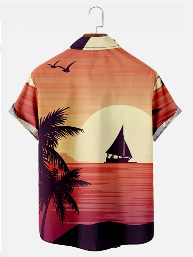 Mens Hawaiian Beach SSailboat And Sunset Printing Vacation Short Sleeve Shirt