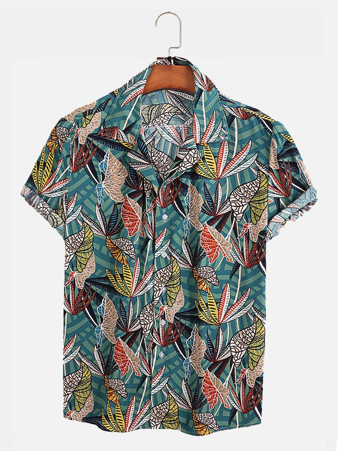 Mens Casual Vintage Tropical Floral Print Cotton Short Sleeve Hawaiian Shirt