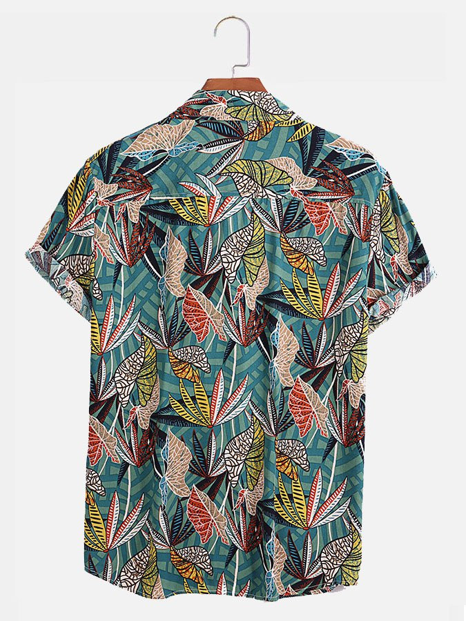 Mens Casual Vintage Tropical Floral Print Cotton Short Sleeve Hawaiian Shirt