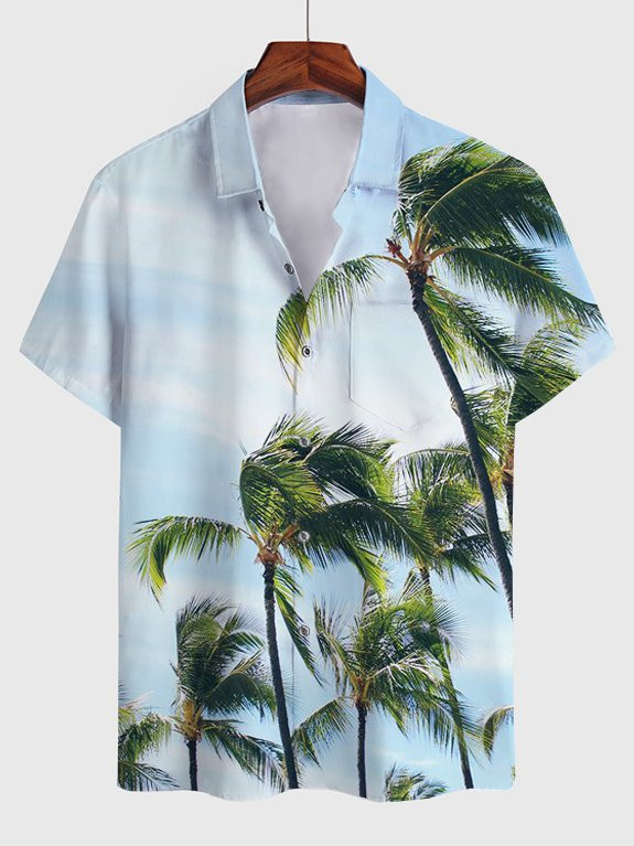 Mens Hawaiian Shirt Holiday Pattern Coconut Print Blue Cotton Blend Short Sleeve Shirt For Couples