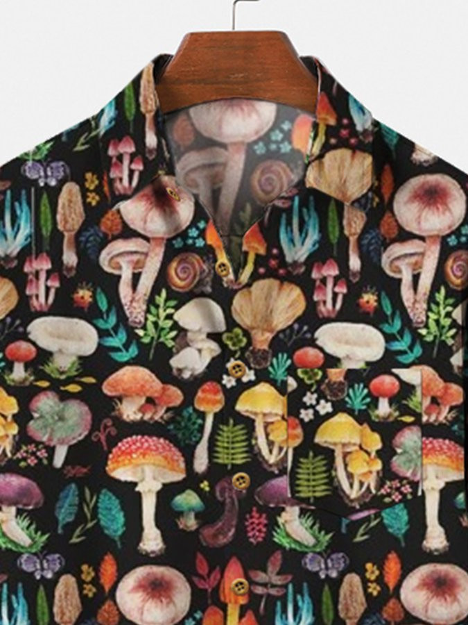 Mens Shirt Casual Button Down Short Sleeve Black Mushroom Plant Shirts Hawaiian Shirt for Men Women