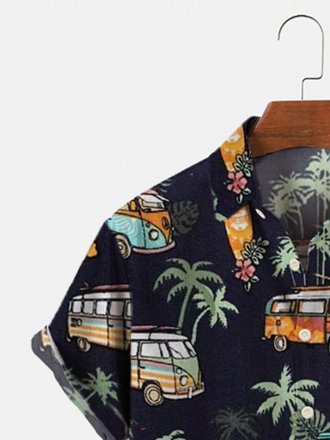 Black Printed Mens Hawaiian Shirt Casual Short Sleeve Aloha Beach Shirts Palm Tree Shirts