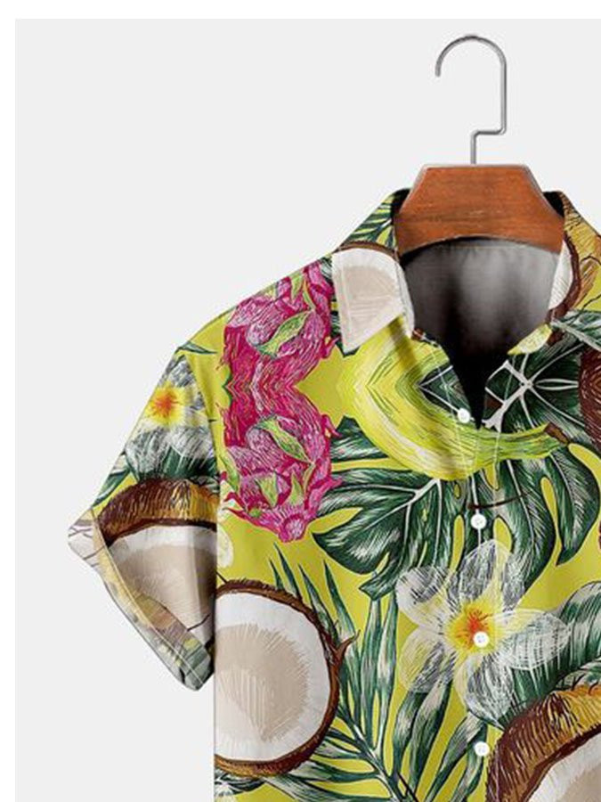 Mens Hawaiian Shirt Casual Button Up Short Sleeve Green Cotton-Blend Holiday Fruits  Aloha Shirts  Tops