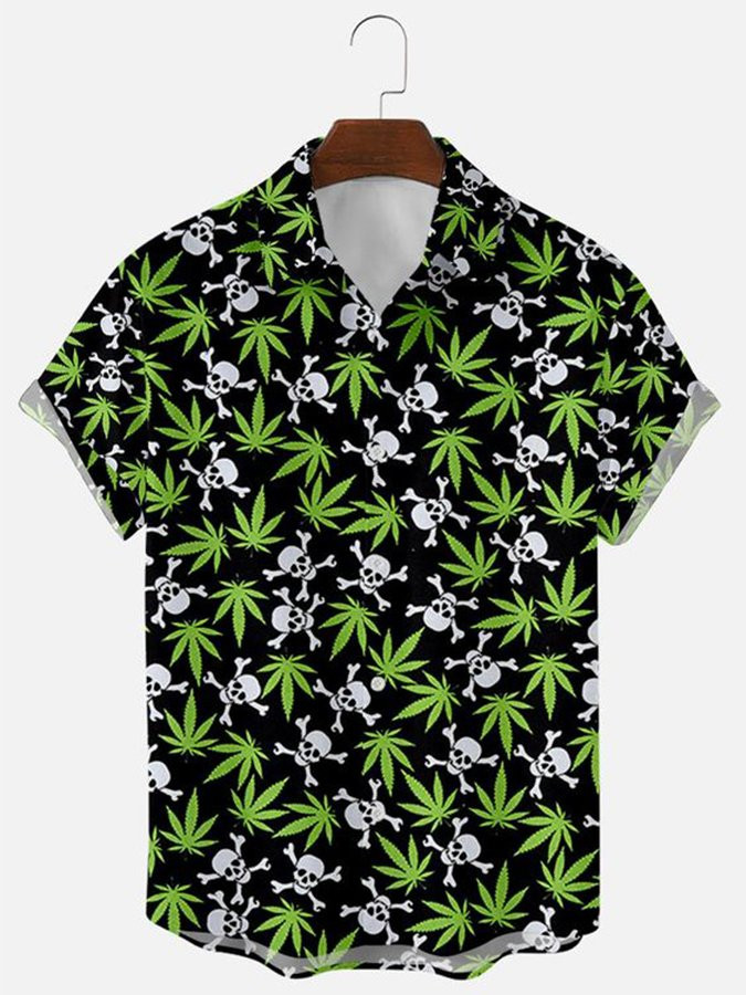 Black-Green Cotton-Blend Printed Skull Basic Shirts  Tops Hawaiian Shirt for Men Women