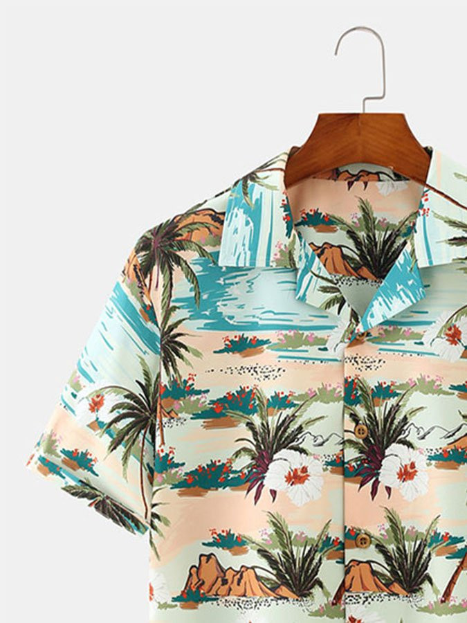 Green Cotton-Blend Printed Holiday Series Plant Shirts  Tops Hawaiian Shirt for Men Women