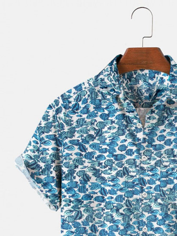 Mens Hawaiian Shirt Casual  Aloha Beach Tropical Fish Blue Cotton-Blend Shirts