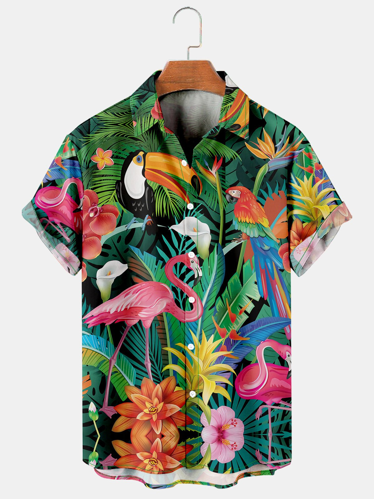 Holiday Leisure Plant Elements Coconut Tree And Toucan Pattern Hawaiian Style Printed Shirt Top