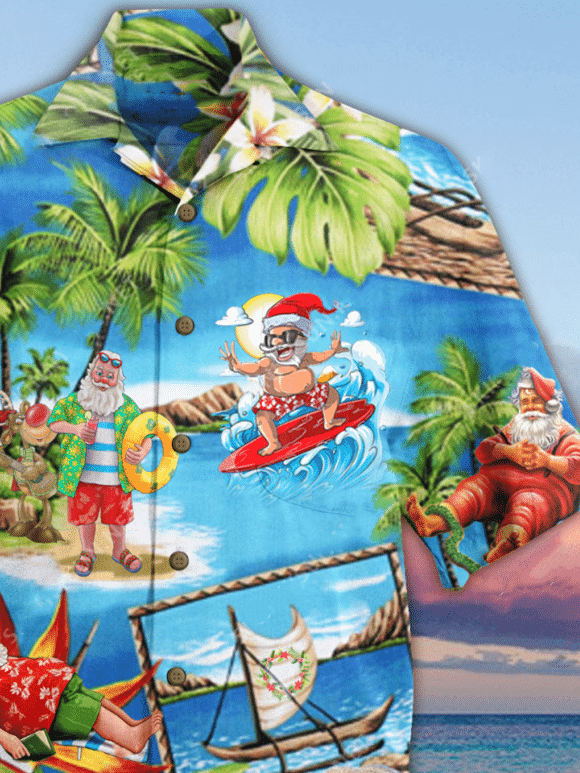 Mens Hawaiian Christmas Shirt Beach Holiday Tops