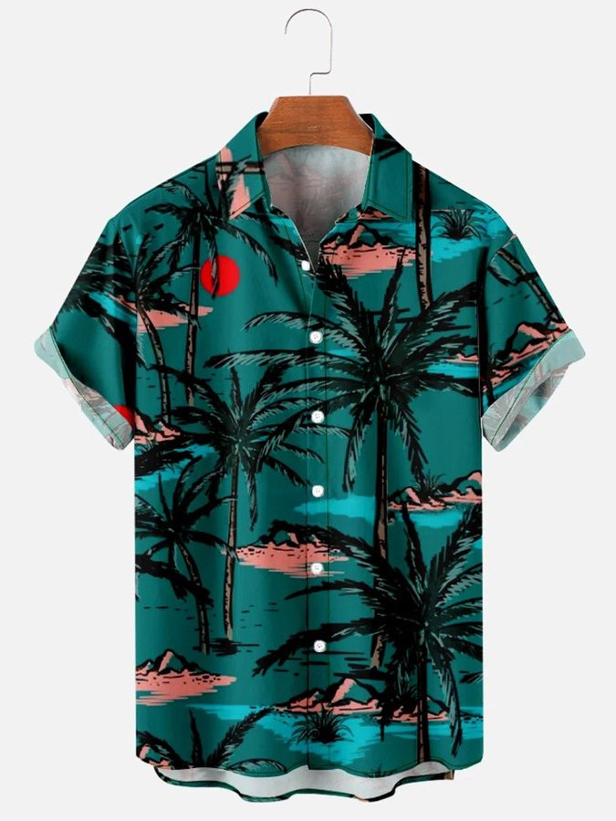 Mens Vintage Hawaiian Shirt Casual Resort Coconut Tree Green Cotton Blend Short Sleeve Shirt