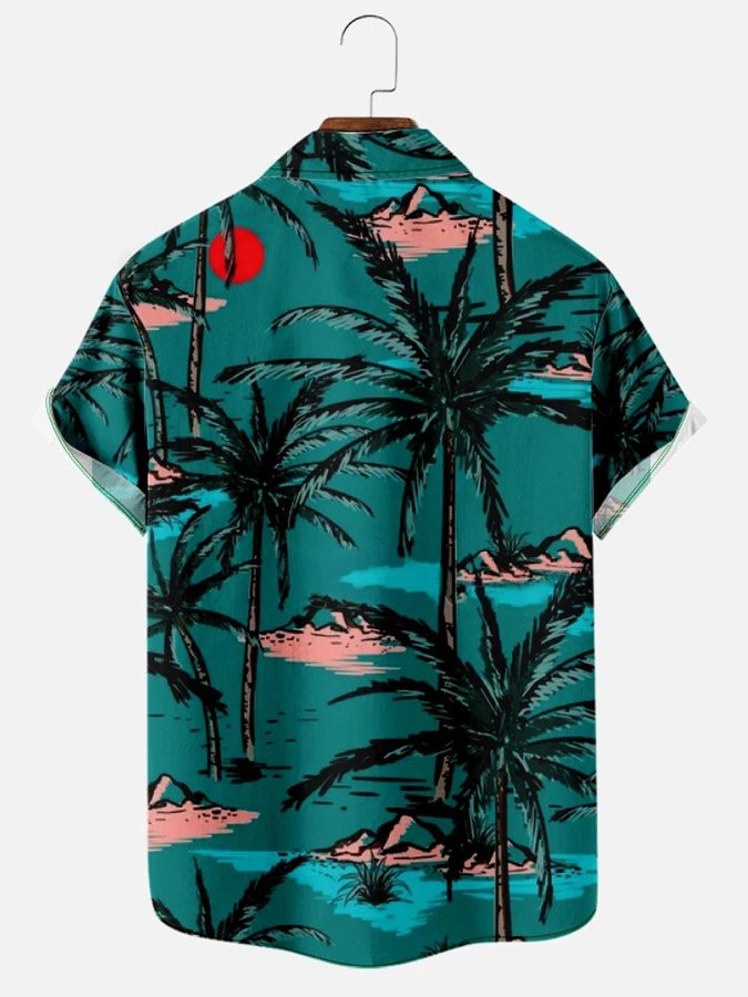 Mens Vintage Hawaiian Shirt Casual Resort Coconut Tree Green Cotton Blend Short Sleeve Shirt