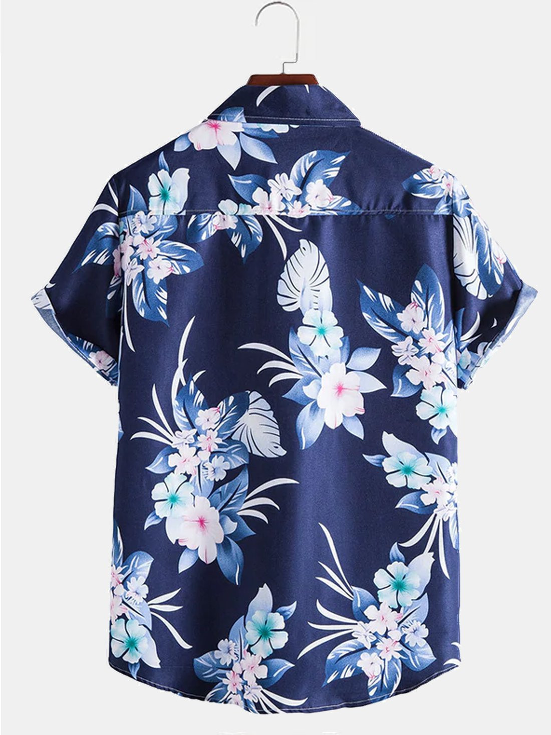 Mens 50s Classic Hawaiian Shirt Plumeria Obtusa Print Navy Blue Short Sleeve Shirt