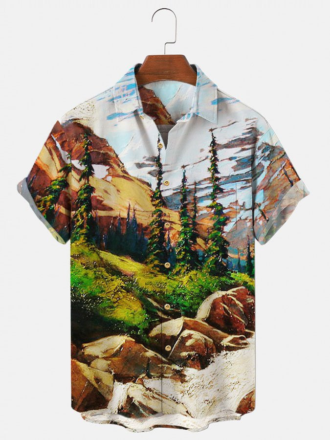 Mens Khaki Vintage Outdoor Printing Cotton-Blend Natural Landscape Hawaii Camp Shirts Hawaiian Shirt for Men Women