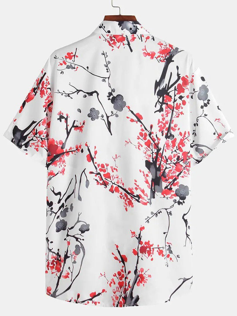 Men Oriental Plum Blossom Print Short Sleeve Shirts Hawaiian Shirt for Men Women