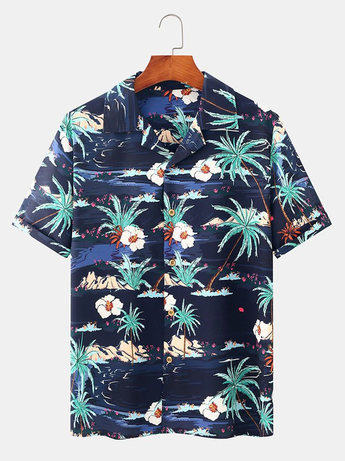 Blue Plant Beach Printed Cotton-Blend Shirts  Tops Hawaiian Shirt for Men Women