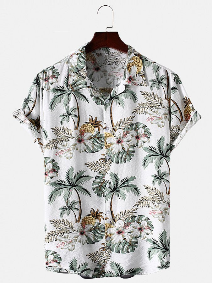 Mens Floral Hawaiian Shirt Casual Short Sleeve Aloha White Plant Cotton-Blend Beach Shirts