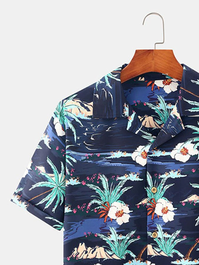 Blue Plant Beach Printed Cotton-Blend Shirts  Tops Hawaiian Shirt for Men Women