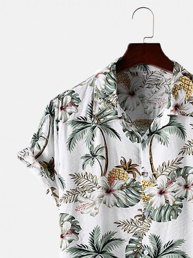 Mens Floral Hawaiian Shirt Casual Short Sleeve Aloha White Plant Cotton-Blend Beach Shirts