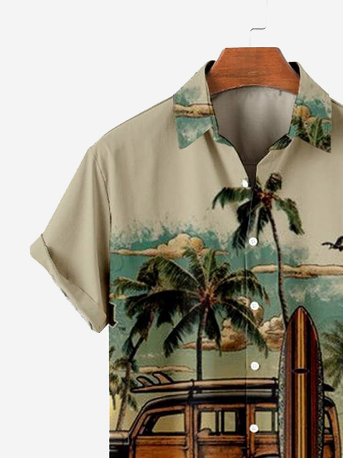 Mens Casual Hawaiian Shirt Beach Landscape Print Short Sleeve Cotton Blend Shirt