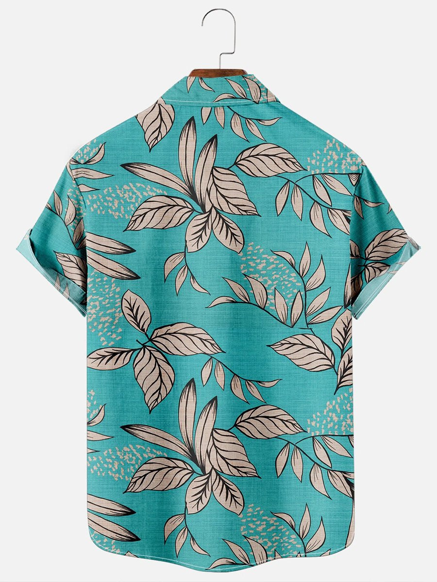 Mens Leaves Print Casual Breathable Chest Pocket Short Sleeve Hawaiian Shirts