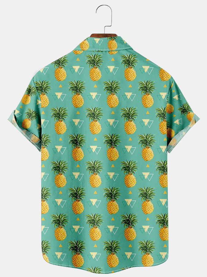 Mens Tropical Pineapple Print Casual Breathable Chest Pocket Short Sleeve Hawaiian Shirts