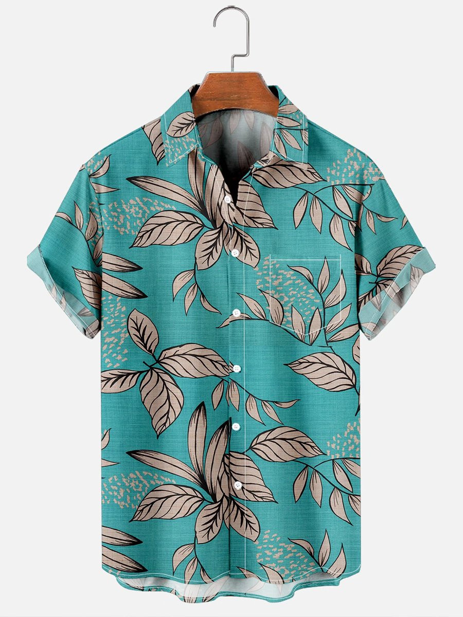 Mens Leaves Print Casual Breathable Chest Pocket Short Sleeve Hawaiian Shirts