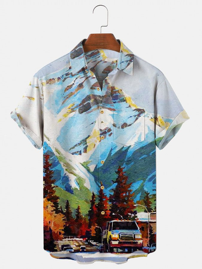 Mens Blue Vintage Outdoor Printing Cotton-Blend Natural Landscape Hawaii Camp Shirts Hawaiian Shirt for Men Women