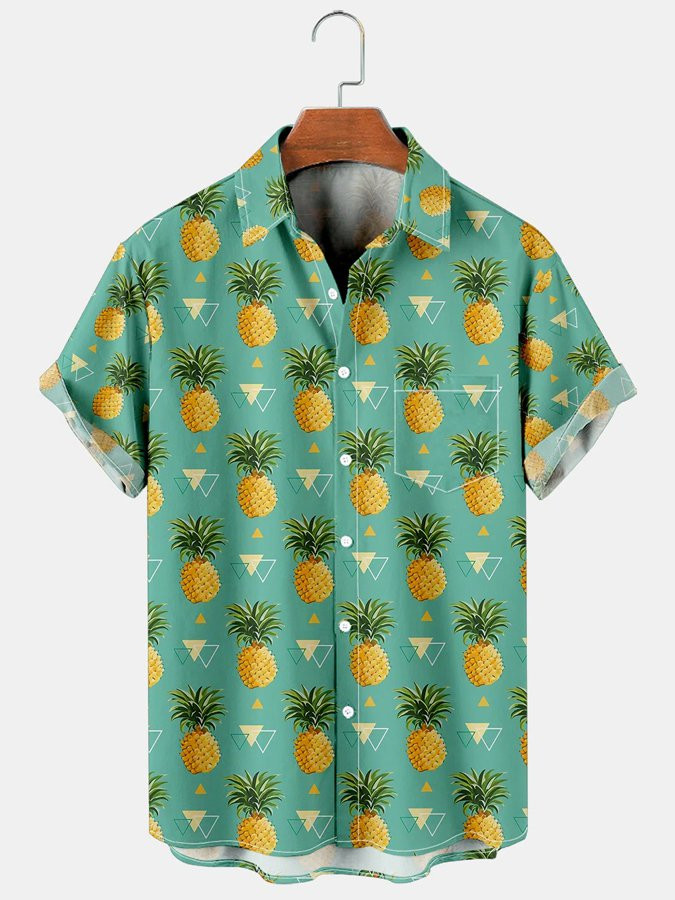 Mens Tropical Pineapple Print Casual Breathable Chest Pocket Short Sleeve Hawaiian Shirts