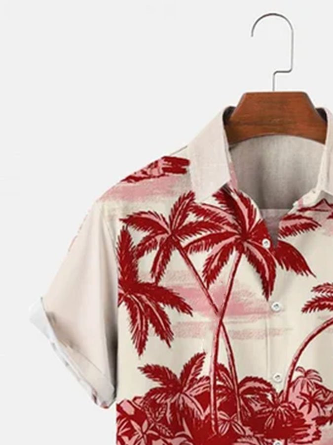 Mens Hawaiian Shirt Red Beach Cotton-Blend Palm Tree Shirts  Tops