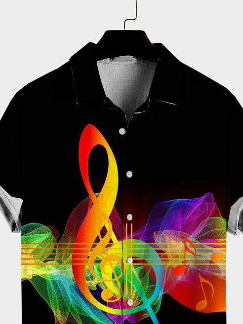 Mens Music Note Print Lapel Casual Loose Short Sleeve Hawaiian Shirt