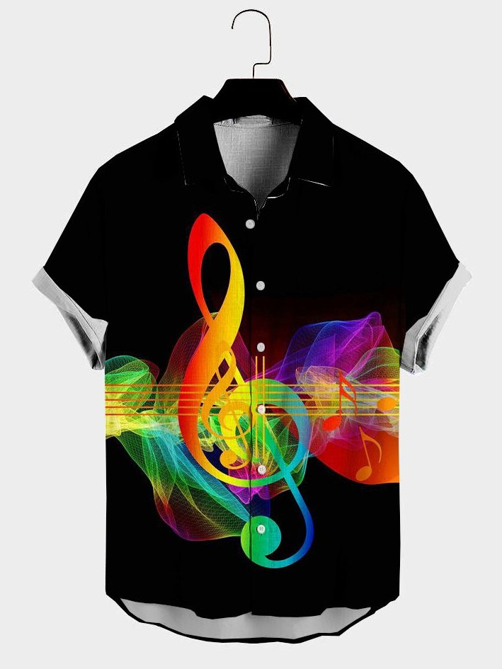 Mens Music Note Print Lapel Casual Loose Short Sleeve Hawaiian Shirt