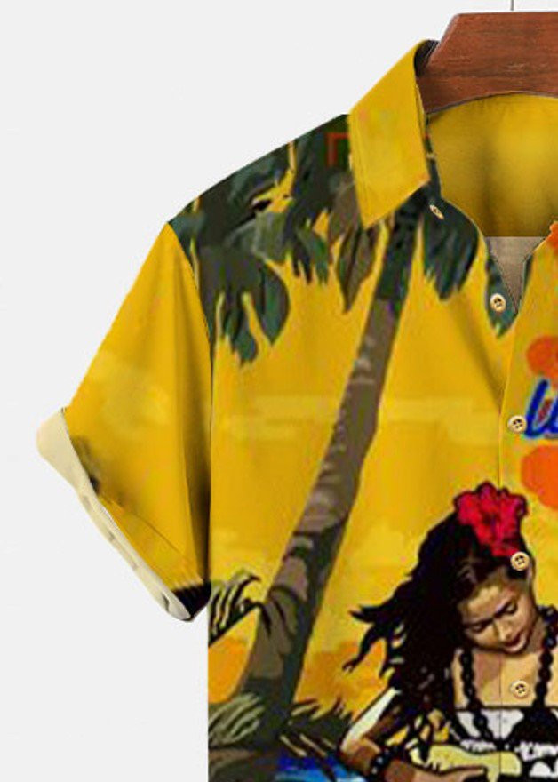 Mens Hawaiian Shirt Yellow Cotton-Blend Beach Letter Shirts  Tops