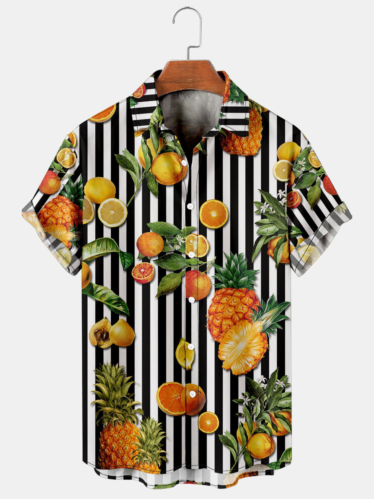 Tropical Fruit and Striped Graphic Short Sleeve Casual Mens Shirt Hawaiian Shirt for Men Women