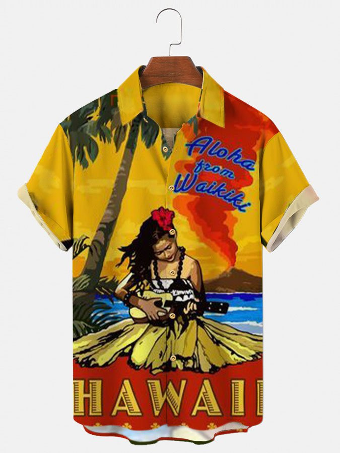 Mens Hawaiian Shirt Yellow Cotton-Blend Beach Letter Shirts  Tops